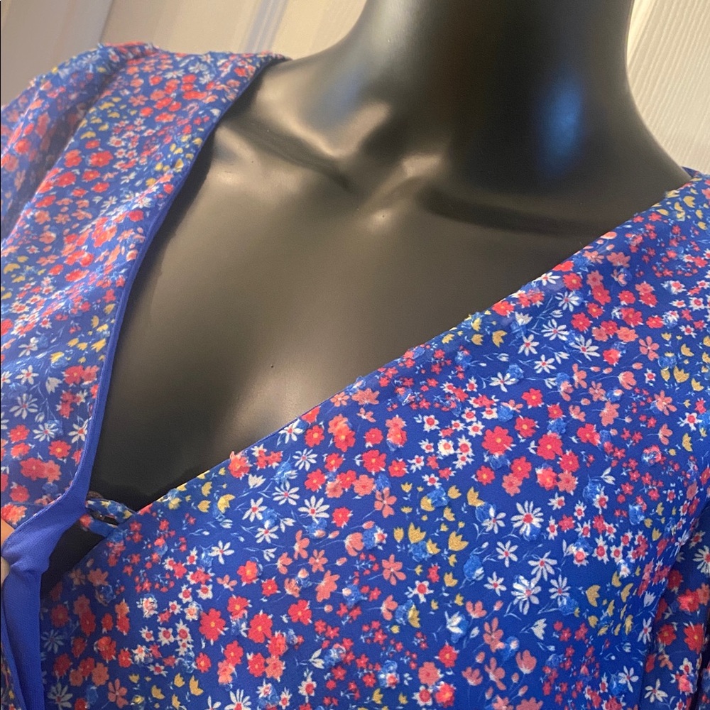Peach Love California Blue Red Yellow White Sheer Floral Mini Dress - Picture 11 of 15
